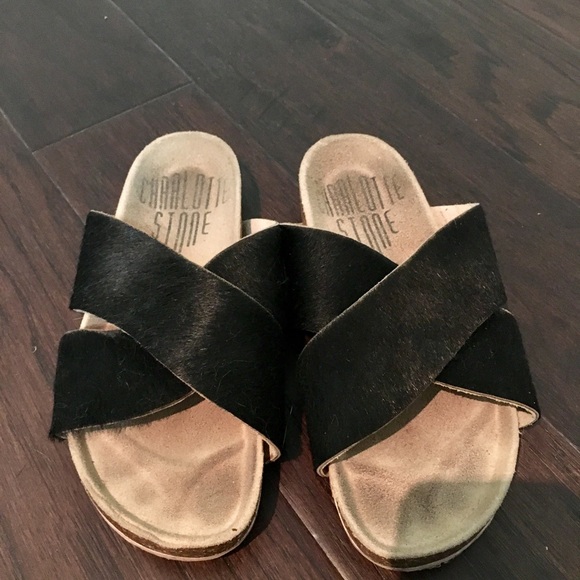 ❤️Charlotte Stone Black Pony Hair Sandal Slides - Picture 2 of 5